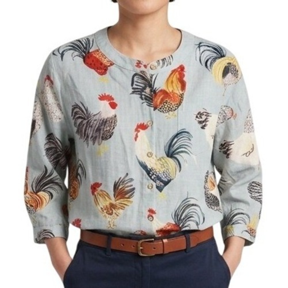 VTG Hand Made Blue Linen CHICKEN SHIRT 3/4 Sleeve Button Up Size READ